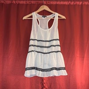 Monteau creame poka dot and black lace tank top